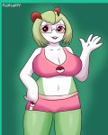  2019 anthro big_breasts blush bottomwear bra braces breasts clothed clothing digital_media_(artwork) eyewear female flofluffy freckles glasses hi_res humanoid kirlia mammal nerd nintendo pok&eacute;mon pok&eacute;mon_(species) simple_background smile solo sport sports_bra underwear video_games 