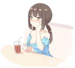  1girl arm_support bangs bare_shoulders bendy_straw blue_dress blush breasts brown_eyes brown_hair closed_mouth collarbone cup dress dress_pull drink drinking_glass drinking_straw eyebrows_visible_through_hair hatsunatsu head_in_hand long_hair looking_away low_twintails nipples nose_blush off-shoulder_dress off_shoulder original puffy_short_sleeves puffy_sleeves pulled_by_self short_sleeves sitting small_breasts solo table twintails v-shaped_eyebrows 