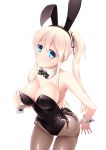  1girl animal_ears black_leotard black_neckwear blue_eyes bow bowtie breasts brown_legwear bunny_ears bunny_girl bunnysuit commentary_request contrapposto cowboy_shot detached_collar highres large_breasts leaning_forward leotard long_hair looking_at_viewer mabinogi nao_(mabinogi) pantyhose simple_background solo standing strapless strapless_leotard twintails umitsubame white_background wrist_cuffs 