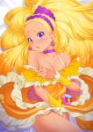  1girl :o amamiya_erena bare_shoulders bed_sheet blonde_hair blush breasts choker collarbone covering covering_breasts covering_crotch cure_soleil dark_skin dress earrings from_above hairband head_tilt highres jewelry kazuma_muramasa long_hair looking_at_viewer lying magical_girl mole mole_under_eye nail_polish off-shoulder_dress off_shoulder on_back open_mouth orange_dress pouch precure purple_choker purple_eyes purple_hairband shiny shiny_hair short_dress signature small_breasts solo star star_twinkle_precure strap_slip very_long_hair wrist_cuffs yellow_nails 