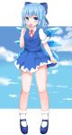  1girl absurdres arm_up blue_dress blue_eyes blue_footwear blue_hair blue_sky blush bobby_socks breasts cirno cloud commentary_request day dress eating eyebrows_visible_through_hair food hair_ribbon highres looking_at_viewer mary_janes neck_ribbon outdoors pinafore_dress popsicle puffy_short_sleeves puffy_sleeves red_neckwear ribbon shirt shoes short_hair short_sleeves skirt_hold sky small_breasts socks solo standing sweat touhou watermelon_bar white_legwear white_shirt wings yobin_(kotohira3689) 