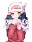  1girl beanie blue_hair breath brown_eyes coat gloves hair_ornament hairclip hat hikari_(pokemon) lips long_hair looking_at_viewer mokorei parted_lips pink_gloves pokemon pokemon_(game) pokemon_dppt pokemon_platinum red_coat scarf simple_background snow solo upper_body white_background winter_clothes 