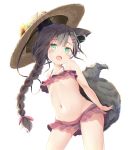  1girl animal_ear_fluff animal_ears arms_behind_back bikini bikini_skirt black_hair braid chigusa_hana chigusa_hana_channel commentary_request dog_ears dog_tail earphones flat_chest green_eyes groin hat long_hair navel open_mouth pirason ponytail red_bikini simple_background smile solo sun_hat swimsuit tail virtual_youtuber white_background 