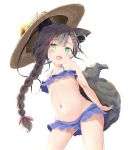  1girl animal_ear_fluff animal_ears arms_behind_back bikini bikini_skirt black_hair blue_bikini braid chigusa_hana chigusa_hana_channel commentary_request dog_ears dog_tail earphones flat_chest green_eyes groin hat long_hair navel open_mouth pirason ponytail simple_background smile solo sun_hat swimsuit tail virtual_youtuber white_background 