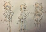  2019 anthro bottomwear clothed clothing domestic_cat fangs felid feline felis female hair jessie-katcat_(artist) looking_at_viewer mammal navel open_mouth pose shirt short_hair shorts simple_background smile solo standing topwear traditional_media_(artwork) 
