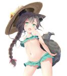  1girl animal_ear_fluff animal_ears arms_behind_back bikini bikini_skirt black_hair braid chigusa_hana chigusa_hana_channel commentary_request dog_ears dog_tail earphones flat_chest green_bikini green_eyes groin hat long_hair navel open_mouth pirason ponytail simple_background smile solo sun_hat swimsuit tail virtual_youtuber white_background 