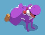 absurd_res ahegao big_butt butt clothing eye_roll footwear hi_res komdog looking_pleasured mario_bros nintendo open_mouth open_smile purple_yoshi shoes simple_background smile solo teeth video_games wiggle yoshi 
