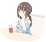  1girl arm_support bangs bare_shoulders bendy_straw blue_dress blush bra breasts brown_eyes brown_hair cleavage closed_mouth collarbone commentary_request cup dress dress_pull drink drinking_glass drinking_straw eyebrows_visible_through_hair hatsunatsu head_in_hand long_hair looking_away low_twintails nose_blush off-shoulder_dress off_shoulder original pink_bra puffy_short_sleeves puffy_sleeves pulled_by_self short_sleeves sitting small_breasts solo table twintails underwear v-shaped_eyebrows 