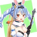  1girl animal_ear_fluff animal_ears armband bangs black_gloves blonde_hair blue_hair bow braid breasts bunny_ears carrot carrot_hair_ornament circlet cleavage extra_ears food_themed_hair_ornament fusion gloves gold_trim green_background hair_bow hair_ornament highres holding holding_weapon hololive large_breasts long_braid long_hair long_ponytail looking_at_viewer mace multicolored_hair nazu_sawa open_mouth orange_eyes ponytail shiranui_flare shirogane_noel smile solo symbol-shaped_pupils tongue twin_braids upper_teeth usada_pekora virtual_youtuber weapon white_hair 