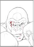  2019 anthro ape black_and_white blood blood_on_face bodily_fluids boxing_gloves bust_portrait clothing digital_drawing_(artwork) digital_media_(artwork) duo_(artist) ear_piercing ear_ring front_view gorilla handwear haplorhine hi_res looking_at_viewer male mammal monochrome piercing portrait primate simple_background sketch solo spot_color white_background 