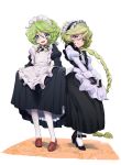  2girls akiot braid carol_malus_dienheim dress dress_lift elfnein gloves green_hair highres maid maid_headdress multicolored multicolored_eyes multiple_girls senki_zesshou_symphogear 