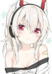  1girl :&lt; ayanami_(azur_lane) ayanami_(niconico)_(azur_lane) azur_lane bandaid_on_arm bangs bare_shoulders blush breasts closed_mouth collarbone commentary_request eyebrows_visible_through_hair floral_background hair_between_eyes headgear headphones high_ponytail long_hair looking_at_viewer off_shoulder peko ponytail red_eyes shirt sidelocks silver_hair simple_background small_breasts solo upper_body white_background white_shirt 
