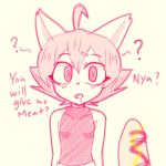  2019 anthro bodily_fluids clothed clothing dialogue digital_media_(artwork) domestic_cat drooling english_text felid feline felis female food hair hypnosis jessie-katcat_(artist) mammal meat mind_control open_mouth saliva sausage short_hair simple_background solo standing text topwear young 