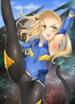  1girl animal_ears aohashi_ame arm_up armpits black_legwear black_sky blonde_hair blue_bodysuit blue_gloves blue_sky bodysuit breasts cat_ears cat_tail cloud cloudy_sky covered_navel elbow_gloves frown glasses gloves grey_panties leg_up legs long_hair looking_at_viewer open_mouth panties panties_under_pantyhose pantyhose perrine_h_clostermann rimless_eyewear sky small_breasts solo star_(sky) starry_sky strike_witches tail underwear v-shaped_eyebrows world_witches_series yellow_eyes 