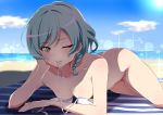  1girl aqua_hair arched_back ass bang_dream! beach bikini_top_removed braid breasts cheek_rest cloud cloudy_sky commentary_request eyebrows_visible_through_hair green_eyes hand_on_own_cheek hikawa_hina lips looking_at_viewer lying medium_breasts medium_hair mouth_hold nipple_slip nipples nude ocean one_eye_closed sakamata sky smile solo striped untied white_bikini_top 