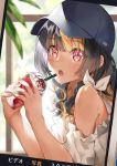  1girl bare_shoulders black_hair blonde_hair blush commentary_request drink eyebrows_visible_through_hair fatal_twelve hair_between_eyes hair_ornament hat holding long_hair looking_at_viewer matsusatoru_kouji multicolored_hair open_mouth peaked_cap red_eyes shirt solo two-tone_hair white_shirt 
