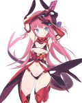  1girl :o arms_up bangs between_fingers bikini black_bikini blade_(galaxist) blue_eyes blush boots card commentary_request curled_horns dragon_girl dragon_horns dragon_tail elbow_gloves elizabeth_bathory_(fate) elizabeth_bathory_(fate)_(all) eyebrows_visible_through_hair fate/extra fate/extra_ccc fate_(series) gloves hair_ribbon holding holding_card horns long_hair navel parted_lips pink_hair pointy_ears purple_ribbon red_footwear red_gloves red_legwear ribbon simple_background solo swimsuit tail thigh_boots thighhighs two_side_up very_long_hair white_background 