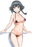  1girl absurdres areolae armpit_peek bikini black_bikini black_hair blush braid breasts brown_eyes collarbone eyebrows_visible_through_hair girls_und_panzer grin groin highres hisaki large_areolae large_breasts looking_at_viewer navel parted_lips pepperoni_(girls_und_panzer) shadow shiny shiny_hair shiny_skin short_hair side-tie_bikini simple_background smile solo standing swimsuit swimwear teeth white_background 
