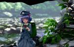  1girl backpack bag bangs blue_eyes blue_hair blue_shirt blue_skirt blurry blurry_background collared_shirt cowboy_shot foliage green_backpack hair_bobbles hair_ornament hat highres holding_strap kawashiro_nitori key long_sleeves nature open_mouth outdoors pocket rock ryosios shirt skirt skirt_set solo standing stream touhou two_side_up 