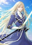  1boy artist_name bishounen blonde_hair blue_eyes cloud gloves hagino_kouta holding holding_sword holding_weapon light_smile long_hair long_sleeves looking_at_viewer male_focus military military_uniform outdoors plunderer robert_du_vanvich sheath solo standing sword uniform very_long_hair weapon white_gloves 