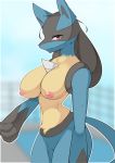  2019 3_fingers absurd_res anthro anthrofied areola big_breasts black_fur blue_fur bodily_fluids breasts canid canine denyfake eyelashes female fingers fur half-closed_eyes hi_res inverted_nipples looking_at_viewer lucario mammal multicolored_fur nintendo nipples nude pok&eacute;mon pok&eacute;mon_(species) pok&eacute;morph pussy red_eyes solo spikes standing sweat tuft video_games yellow_fur 