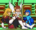  3boys angel angel_wings arm_cannon armor artist_name biiguru blonde_hair blue_eyes boots brown_hair capcom captain_n_the_game_master castlevania clothed clothing crossover digital_media_(artwork) gloves group hair hair_ornament helmet holding holding_weapon kid_icarus konami looking_at_another male male_focus male_only mechanical mechanical_background mega_man mega_man_(character) nintendo open_mouth pit_(kid_icarus) robot rockman rockman_(character) rockman_(classic) simon_belmondo sitting super_smash_bros. teeth video_games whip wings 
