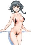  1girl absurdres areolae armpit_peek black_hair black_swimsuit blush braid breasts brown_eyes collarbone eyebrows_visible_through_hair girls_und_panzer grin groin highres hisaki large_areolae large_breasts looking_at_viewer navel parted_lips pepperoni_(girls_und_panzer) shadow shiny shiny_hair shiny_skin short_hair simple_background slingshot_swimsuit smile solo standing swimsuit swimwear teeth white_background 