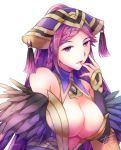  1girl breasts cleavage feather_trim fire_emblem fire_emblem_heroes hat large_breasts loki_(fire_emblem) long_hair parted_lips purple_eyes purple_hair simple_background solo upper_body white_background yukimiyuki 