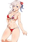 1girl american_flag_bikini asymmetrical_hair bangs bare_shoulders bikini blue_eyes border breasts bun_cover cleavage cloud commentary_request eyebrows_visible_through_hair fate/grand_order fate_(series) flag_print large_breasts long_hair looking_at_viewer miyamoto_musashi_(fate/grand_order) miyamoto_musashi_(swimsuit_berserker)_(fate) navel open_mouth pink_hair seihekiog skindentation smile solo standing swimsuit white_background 