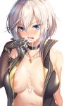  1girl absurdres after_fellatio ajifurai azur_lane bangs black_gloves blue_eyes breasts choker cross cross_necklace cum cum_in_mouth cum_on_body cum_on_breasts cum_on_upper_body eyebrows_visible_through_hair gloves hair_between_eyes highres jewelry large_breasts looking_at_viewer mole mole_on_breast necklace open_clothes open_mouth short_hair silver_hair simple_background solo sweat upper_body v-shaped_eyebrows washington_(azur_lane) white_background 