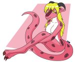  amber_eyes anthro big_breasts blonde_hair breasts claws coraldragon dannydemon digitigrade dragon female hair hi_res horn long_hair long_tail looking_at_viewer nipples nude pink_body prehensile_tail scalie simple_background sitting solo spots 