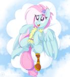  2019 cloud digital_media_(artwork) equid equine eyelashes feathered_wings feathers female feral friendship_is_magic hair hi_res hooves kerfuffle_(mlp) long_hair lying mammal my_little_pony on_back open_mouth open_smile pearlyiridescence pink_hair prosthetic prosthetic_leg pterippus purple_eyes pussy smile solo underhoof wings 