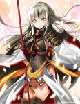  1girl absurdres armor armored_dress bangs black_gloves black_hair breasts commentary_request eyebrows_visible_through_hair fate/grand_order fate_(series) gloves green_eyes grey_hair hair_between_eyes harusame_(user_wawj5773) highres japanese_armor leaf long_hair looking_at_viewer medium_breasts multicolored_hair nagao_kagetora_(fate) open_mouth ponytail smile solo streaked_hair thighs two-tone_hair upper_teeth very_long_hair wide_sleeves 