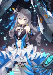  1girl bangs black_gloves blush breasts bronya_zaychik bronya_zaychik_(herrscher_of_reason) bug butterfly center_opening crossed_bangs dress drill_hair earrings elbow_gloves gloves hair_ornament highres honkai_(series) honkai_impact_3rd insect jewelry layered_dress long_hair looking_at_viewer poinia project_bunny quad_drills silver_hair small_breasts solo thighhighs white_legwear 