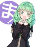  1girl blush drill_hair fire_emblem fire_emblem:_three_houses flayn_(fire_emblem) green_eyes green_hair hair_ornament hairclip long_hair matanonki open_mouth solo upper_body white_background 