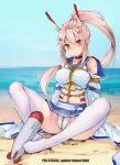  ayanami_(azur_lane) azur_lane bandaid_on_arm bangs bare_shoulders bdsm beach blonde_hair blush bondage bound breasts chinese_commentary choker closed_mouth collarbone commentary_request day detached_sleeves eyebrows_visible_through_hair feet full-face_blush full_body haimei1980 headgear long_hair long_ponytail long_sleeves looking_at_viewer medium_breasts midriff ocean orange_eyes outdoors panties pixiv_id ponytail restrained retrofit_(azur_lane) rope sailor_collar sand sexually_suggestive shibari shibari_over_clothes sidelocks sitting sleeves_past_fingers sleeves_past_wrists smile thighhighs tied_up torpedo twitter_username underwear water white_legwear wide_sleeves 