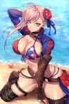  1girl american_flag_bikini asymmetrical_hair bangs beach between_legs bikini blue_eyes blush boots breasts brown_gloves bun_cover cleavage collarbone day elbow_gloves fate/grand_order fate_(series) fingerless_gloves flag_print gloves hair_bun hand_behind_head hand_between_legs highres kneeling large_breasts long_hair looking_at_viewer miyamoto_musashi_(fate/grand_order) miyamoto_musashi_(swimsuit_berserker)_(fate) multi-strapped_bikini nasaniliu ocean outdoors pink_hair sand shrug_(clothing) skindentation smile solo sparkle swept_bangs swimsuit thigh_boots thighhighs 