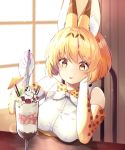  1girl :p absurdres animal_ear_fluff animal_ears animal_ears_(artist) banana_slice bare_shoulders blonde_hair blueberry blush chocolate cocktail_umbrella commentary_request cream elbow_gloves eyebrows_visible_through_hair food fruit glass gloves head_on_hand highres ice_cream kemono_friends parfait print_gloves raspberry serval_(kemono_friends) serval_ears serval_print shirt short_hair sleeveless solo spoon strawberry tongue tongue_out wafer white_shirt yellow_eyes 