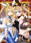  2girls ahoge animal_ears artoria_pendragon_(all) ass black_legwear blonde_hair blue_eyes blue_legwear bradamante_(fate/grand_order) breasts bunny_ears bunny_tail bunnysuit card chips citron_82 fate/grand_order fate_(series) fishnet_legwear fishnet_pantyhose fishnets food green_eyes highres large_breasts multiple_girls navel necktie pantyhose ponytail smile tail twintails 