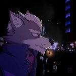  2019 anthro canid canine canis cigarette clothed clothing digital_media_(artwork) fur grey_fur habiyeru jacket male mammal nintendo smoke smoking solo star_fox topwear video_games wolf_o&#039;donnell 