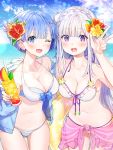  2girls ;d bangs bikini blue_eyes blue_hair blue_sky blunt_bangs blush breasts chagoon cleavage cloud collarbone cup day drink drinking_straw emilia_(re:zero) eyebrows_visible_through_hair flower glass hair_flower hair_ornament highres holding holding_cup ice ice_cube large_breasts long_hair looking_at_viewer medium_breasts multiple_girls navel ocean one_eye_closed open_mouth outdoors pointy_ears re:zero_kara_hajimeru_isekai_seikatsu rem_(re:zero) short_hair sky smile striped striped_bikini swimsuit twitter_username v white_bikini white_hair 