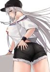  1girl alternate_costume ass azur_lane bare_shoulders baseball_cap black_headwear black_shorts breasts commentary_request cowboy_shot earrings enterprise_(azur_lane) eyewear_on_headwear floating_hair from_behind fur_trim hat highres jewelry kinokorec large_breasts long_hair looking_at_viewer looking_back necklace off-shoulder_shirt off_shoulder parted_lips purple_eyes shirt short_shorts short_sleeves shorts sidelocks silver_hair simple_background solo sunglasses sweatband very_long_hair watch white_background white_shirt wristwatch 