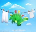  ambiguous_gender black_eyes clothes_pin clothesline clothing cloud cryptid-creations dinosaur feral green_scales humor ornithischian outside pun reptile scales scalie sky solo stegosaurian thyreophoran visual_pun 