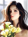  1girl bare_shoulders blue_eyes blurry blurry_background blurry_foreground brown_hair commentary english_commentary face flower hair_over_one_eye highres liang_xing lips long_hair looking_at_viewer nose original parted_lips patreon_username realistic signature solo upper_body watermark web_address 