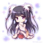  1girl bangs black_footwear black_hair blush brown_kimono chibi closed_mouth commentary_request copyright_request eyebrows_visible_through_hair full_body hair_ribbon hakama japanese_clothes kimono long_hair long_sleeves purple_eyes red_hakama red_ribbon ribbon ribbon-trimmed_sleeves ribbon_trim ryuuka_sane sidelocks sleeves_past_wrists smile solo sparkle standing twitter_username two_side_up very_long_hair white_background wide_sleeves zouri 