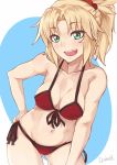  1girl :d ass_visible_through_thighs bikini blonde_hair blush breasts darahan fang fate/grand_order fate_(series) front-tie_bikini front-tie_top green_eyes hair_ornament hair_scrunchie hand_on_hip leaning_forward looking_at_viewer medium_breasts medium_hair messy_hair mordred_(fate)_(all) mordred_(swimsuit_rider)_(fate) navel open_mouth ponytail red_bikini red_scrunchie scrunchie side-tie_bikini signature smile solo swimsuit 