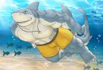  2019 4_toes 5_fingers abs ambient_fish ambient_sealife anthro barefoot biceps big_muscles biped cinna-tree claws clothed clothing detailed_background digital_media_(artwork) dorsal_fin fin fingers fish grey_skin grey_tail male marine multicolored_skin multicolored_tail muscular muscular_male orange_eyes pecs pendant quads scar shark sharp_teeth solo swimming swimming_trunks swimwear tail_fin teeth toe_claws toes topless two_tone_skin two_tone_tail underwater water white_skin white_tail yellow_clothing 