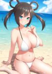  1girl aqua_eyes beach bikini black_hair blue_sky braid breasts cleavage cloud collarbone commentary_request day grin hair_rings horizon large_breasts looking_at_viewer midoriyama_soma navel ocean oshiro_project_re outdoors partially_submerged sitting sky smile solo swimsuit takiyama_(oshiro_project) twin_braids twintails wariza water white_bikini 