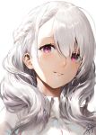  ahoge bangs blush braid commentary_request french_braid haori_iori highres looking_at_viewer original parted_lips portrait purple_eyes signature silver_hair simple_background smile white_background 