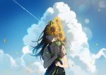  1girl :d bangs blue_sky brown_hair closed_eyes cloud commentary day facing_viewer flower happy holding holding_flower leaf long_hair omutatsu open_mouth original overalls shirt short_sleeves sky smile solo standing sunflower sunlight t-shirt teeth upper_body 